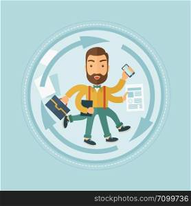A hipster businessman with many legs and hands holding papers, briefcase, smartphone. Multitasking and productivity concept. Vector flat design illustration in the circle isolated on background.. Man coping with multitasking vector illustration.