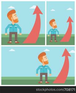 A hipster businessman with the beard looking at a red arrow going up. Successful business concept. Vector flat design illustration. Square, horizontal, vertical layouts.. Businessman looking at arrow going up.