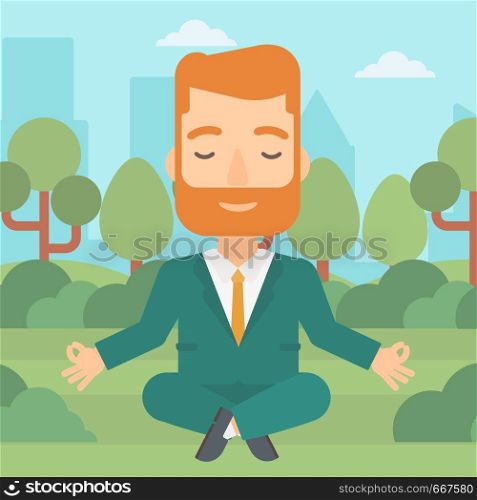 A hipster businessman with the beard meditating in lotus pose in the park vector flat design illustration. Square layout.. Businessman meditating in lotus pose.