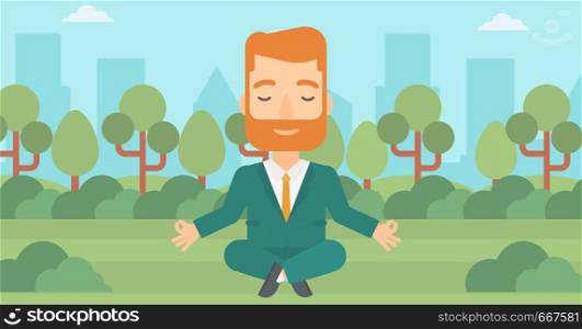 A hipster businessman with the beard meditating in lotus pose in the park vector flat design illustration. Horizontal layout.. Businessman meditating in lotus pose.