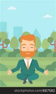 A hipster businessman with the beard meditating in lotus pose in the park vector flat design illustration. Vertical layout.. Businessman meditating in lotus pose.