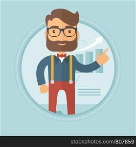 A hipster businessman with the beard pointing finger up and giving a business presentation on the background of growing chart. Vector flat design illustration in the circle isolated on background.. Businessman giving business presentation.