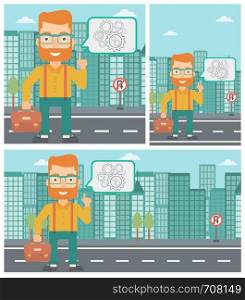 A hipster businessman with the beard pointing his forefinger at cogwheels on a city background. Vector flat design illustration. Square, horizontal, vertical layouts.. Businessman pointing at cogwheels.