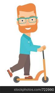 A hipster businessman with the beard riding to work on scooter vector flat design illustration isolated on white background.. Man riding on scooter.
