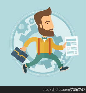 A hipster businessman with the beard running in a hurry with a briefcase and a document in hands. Concept of stress in business. Vector flat design illustration in the circle isolated on background.. Businessman running with briefcase.