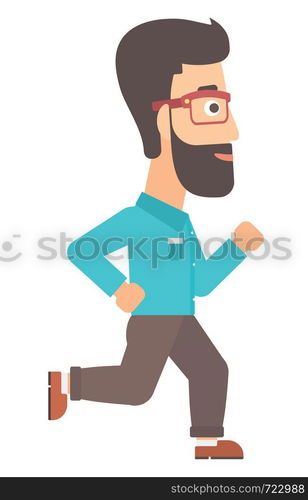 A hipster businessman with the beard running vector flat design illustration isolated on white background.. Smiling businessman running.