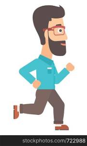 A hipster businessman with the beard running vector flat design illustration isolated on white background.. Smiling businessman running.