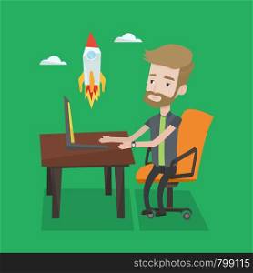 A hipster businessman with the beard sitting at the table and looking at a flying rocket. Businessman working on a laptop. Business start up concept. Vector flat design illustration. Square layout.. Business start up vector illustration.