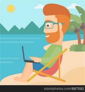 A hipster businessman with the beard sitting on the beach in chaise lounge and working on a laptop vector flat design illustration. Square layout.. Businessman sitting in chaise lounge with laptop.