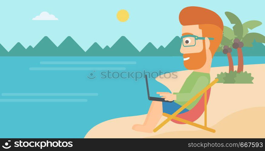 A hipster businessman with the beard sitting on the beach in chaise lounge and working on a laptop vector flat design illustration. Horizontal layout.. Businessman sitting in chaise lounge with laptop.