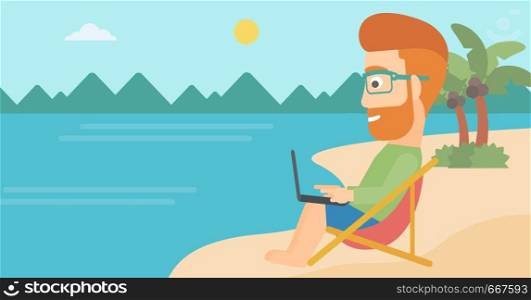 A hipster businessman with the beard sitting on the beach in chaise lounge and working on a laptop vector flat design illustration. Horizontal layout.. Businessman sitting in chaise lounge with laptop.