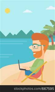 A hipster businessman with the beard sitting on the beach in chaise lounge and working on a laptop vector flat design illustration. Vertiacl layout.. Businessman sitting in chaise lounge with laptop.