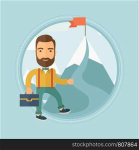 A hipster businessman with the beard standing on a road leading to the top of the mountain with a flag. Concept of business goal. Vector flat design illustration in the circle isolated on background.. Cheerful leader man vector illustration.