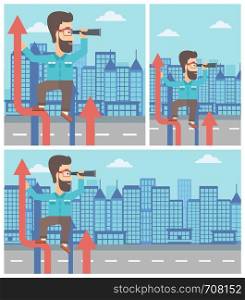A hipster businessman with the beard standing on the top of arrow and looking through spyglass on the background of modern city. Vector flat design illustration. Square, horizontal, vertical layouts.. Businessman with spyglass on rising arrow.