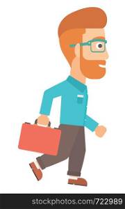 A hipster businessman with the beard walking with a briefcase vector flat design illustration isolated on white background.. Businessman walking with briefcase.