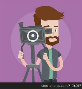 A hipster cameraman with the beard looking through movie camera on a tripod. Young man with professional video camera. A cameraman taking a video. Vector flat design illustration. Square layout.. Cameraman with movie camera on tripod.