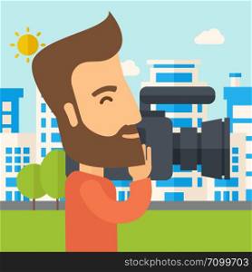 A hipster cameraman with video camera taking a video with thye buildings around. A Contemporary style with pastel palette, soft blue tinted background with desaturated clouds. Vector flat design illustration. Square layout.. Cameraman with video camera