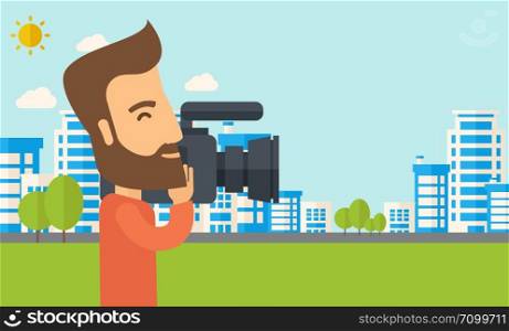 A hipster cameraman with video camera taking a video with thye buildings around. Vector flat design illustration. Horizontal layout.. Cameraman with video camera
