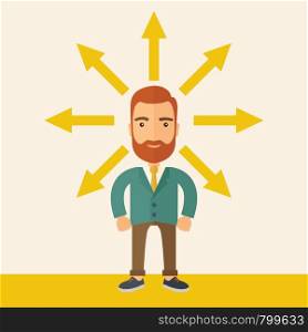 A hipster Caucasian businessman happily standing with arrows around him that shows his success in reaching his target in business. Business growth concept. A contemporary style with pastel palette, beige tinted background. Vector flat design illustration. Square layout. . Business growth
