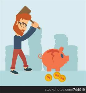 A hipster Caucasian businessman standing while holding a hammer breaking piggy bank with dollar coins for financial assistance of his foreclosure business. Financial crisis concept. A contemporary style with pastel palette soft blue tinted background. Vector flat design illustration. Square layout. . Man breaking piggy bank