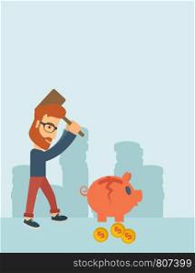 A hipster Caucasian businessman standing while holding a hammer breaking piggy bank with dollar coins for financial assistance of his foreclosure business. Financial crisis concept. A contemporary style with pastel palette soft blue tinted background. Vector flat design illustration. Vertical layout with text space on top part.. Man breaking piggy bank