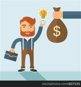 A hipster Caucasian businessman with beard exchange his hand with idea bulb to hand of money bag. Exchanging concept. A contemporary style with pastel palette soft blue tinted background. Vector flat design illustration. Square layout with text space on right lower part.. Exchange of money in idea.