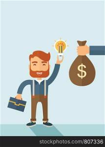 A hipster Caucasian businessman with beard exchange his hand with idea bulb to hand of money bag. Exchanging concept. A contemporary style with pastel palette soft blue tinted background. Vector flat design illustration. Vertical layout with text space on top part.. Exchange of money in idea.