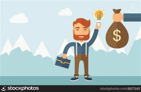 A hipster Caucasian businessman with beard exchange his hand with idea bulb to hand of money bag. Exchanging concept. A contemporary style with pastel palette soft blue tinted background with desaturated clouds. Vector flat design illustration. Horizontal layout. . Exchange of money in idea.