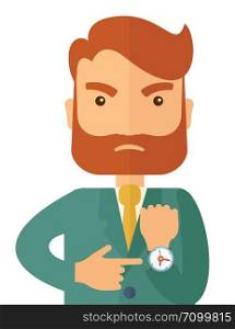 A hipster Caucasian businessman with beard is angry pointing his wristwatch inside the office. Angry concept. A contemporary style. Vector flat design illustration isolated on white background. Vertical layout.. Angry businessman