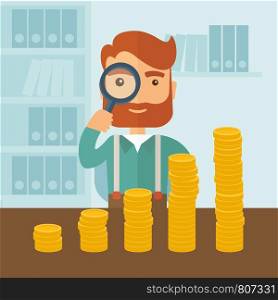 A hipster Caucasian businessman with beard looking his growing business in financial crisis concept. Economy and money, coin and success. When others falls, we rise up. A contemporary style with pastel palette soft blue tinted background. Vector flat design illustration. Square layout. . Growing business in financial aspects.