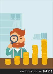A hipster Caucasian businessman with beard looking his growing business in financial crisis concept. Economy and money, coin and success. When others falls, we rise up. A contemporary style with pastel palette soft blue tinted background. Vector flat design illustration. Vertical layout with text space on upper right side.. Growing business in financial aspects.
