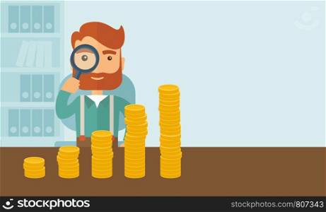 A hipster Caucasian businessman with beard looking his growing business in financial crisis concept. Economy and money, coin and success. When others falls, we rise up. A contemporary style with pastel palette soft blue tinted background. Vector flat design illustration. Horizontal layout with text space in right side.. Growing business in financial aspects.