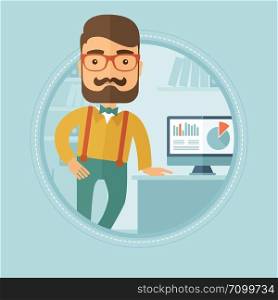 A hipster caucasian businessman with the beard leaning on a table in the office during business presentation. Young man giving a business presentation. Vector flat design illustration in the circle.. Businessman giving business presentation.