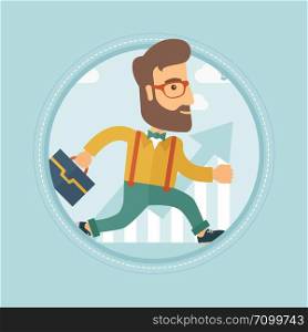 A hipster caucasian businessman with the beard running along the growth graph. Concept of career growth and business success. Vector flat design illustration in the circle isolated on red background.. Businessman running to success vector illustration