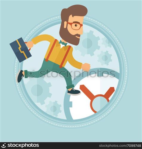 A hipster caucasian businessman with the beard running on the background of clock. Concept of time management, stress in business. Vector flat design illustration in the circle isolated on background.. Businessman running on clock background.