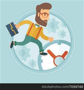 A hipster caucasian businessman with the beard running on the background of clock. Concept of time management, stress in business. Vector flat design illustration in the circle isolated on background.. Businessman running on clock background.