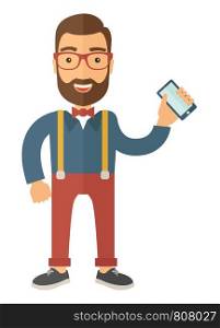 A hipster Caucasian happy standing holding his smartphone. Happy concept. A contemporary style. Vector flat design illustration with isolated white background. Vertical layout. . Man standing holdingn his phone.