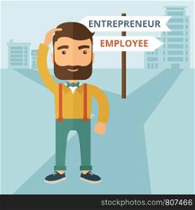 A hipster Caucasian man change career directions employee to entrepreneur street direction a sign of progress a big decision to make in changing direction. Improvement concept. A contemporary style with pastel palette soft blue tinted background. Vector flat design illustration. Square layout. . Employee to entrepreneur