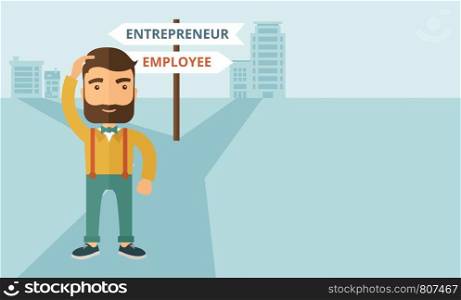 A hipster Caucasian man change career directions employee to entrepreneur street direction a sign of progress a big decision to make in changing direction. Improvement concept. A contemporary style with pastel palette soft blue tinted background. Vector flat design illustration. Horizontal layout with text space in right side. . Employee to entrepreneur