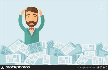 A hipster Caucasian man has a lot of works to do with those papers infront of him, problem on how to meet the deadline of his report. Disappointment concept. A contemporary style with pastel palette soft blue tinted background. Vector flat design illustration. Horizontal layout with text space in right side.. Man have a lot of work