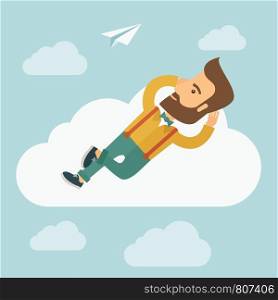 A hipster Caucasian man is relaxing while lying on a cloud. A contemporary style with pastel palette soft blue tinted background with desaturated clouds. Vector flat design illustration. Square layout. . Beard man lying on a cloud