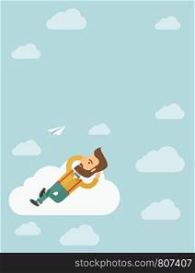 A hipster Caucasian man is relaxing while lying on a cloud. A contemporary style with pastel palette soft blue tinted background with desaturated clouds. Vector flat design illustration. Vertical layout with text space in the center.. Beard man lying on a cloud
