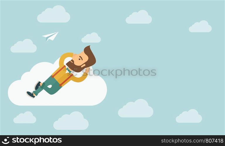 A hipster Caucasian man is relaxing while lying on a cloud. A contemporary style with pastel palette soft blue tinted background with desaturated clouds. Vector flat design illustration. Horizontal layout with text space in right side.. Beard man lying on a cloud