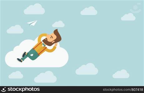 A hipster Caucasian man is relaxing while lying on a cloud. A contemporary style with pastel palette soft blue tinted background with desaturated clouds. Vector flat design illustration. Horizontal layout with text space in right side.. Beard man lying on a cloud