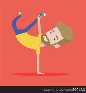A hipster caucasian man showing his skills in break dance. Happy breakdance dancer doing handstand. Young smiling man dancing. Strong man breakdancing. Vector flat design illustration. Square layout.. Young man breakdancing vector illustration.