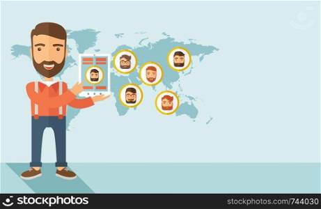 A hipster Caucasian man standing holding tablet with social media. A contemporary style with pastel palette soft blue tinted background. Vector flat design illustration. Horizontal layout with text space in right side. . Social network