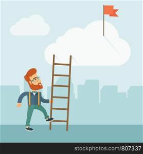 A hipster Caucasian man with beard standing while holding the career ladder to get the flag in the clouds. Career, success concept. A contemporary style with pastel palette soft blue tinted background with desaturated clouds. Vector flat design illustration. Square layout. . Man with a ladder.