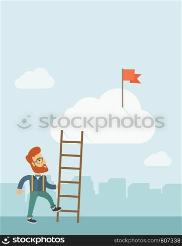 A hipster Caucasian man with beard standing while holding the career ladder to get the flag in the clouds. Career, success concept. A contemporary style with pastel palette soft blue tinted background with desaturated clouds. Vector flat design illustration. Vertical layout with text space on top part.. Man with a ladder.