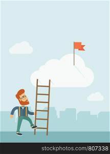 A hipster Caucasian man with beard standing while holding the career ladder to get the flag in the clouds. Career, success concept. A contemporary style with pastel palette soft blue tinted background with desaturated clouds. Vector flat design illustration. Vertical layout with text space on top part.. Man with a ladder.