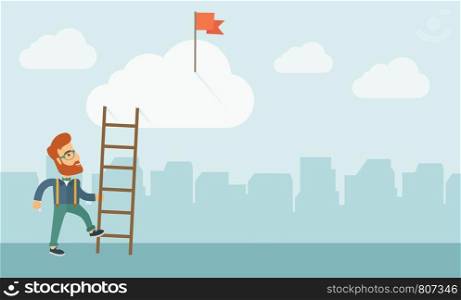 A hipster Caucasian man with beard standing while holding the career ladder to get the flag in the clouds. Career, success concept. A contemporary style with pastel palette soft blue tinted background with desaturated clouds. Vector flat design illustration. Horizontal layout.. Man with a ladder.